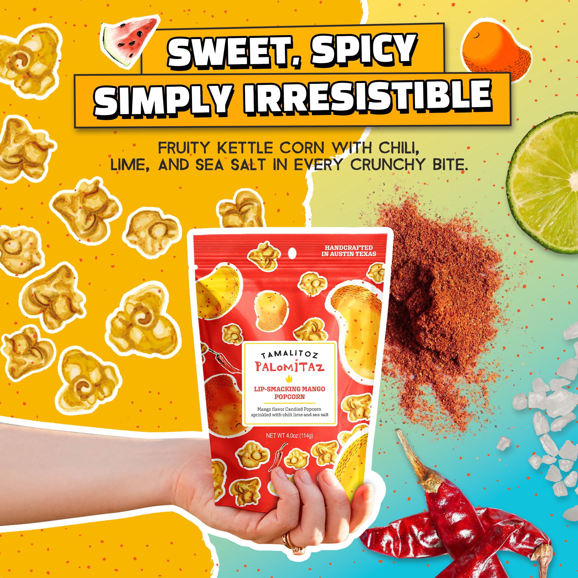 Tamalitoz Palomitaz Gourmet Popcorn Fiesta Mexican Popcorn Variety Bag with Chile, Lime & Sea Salt Mango, Watermelon, Blood Orange, Pineapple Handcrafted Snack, Gluten-Free, Kosher 4 Bags (4oz Each)