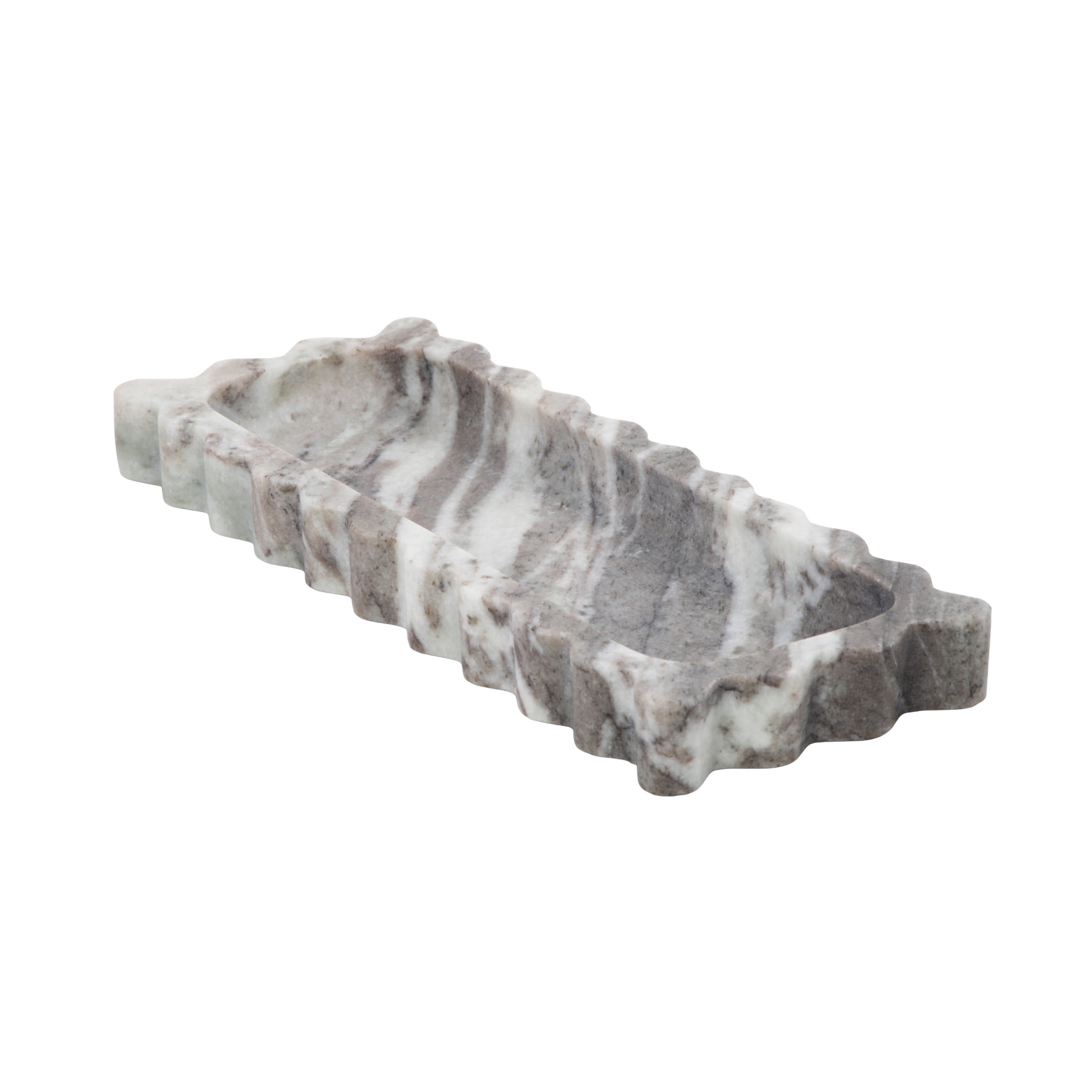 DecMode 12" x 5" Gray Marble  Tray with Brown Swirl Pattern and Wavy Edges, 1-Piece