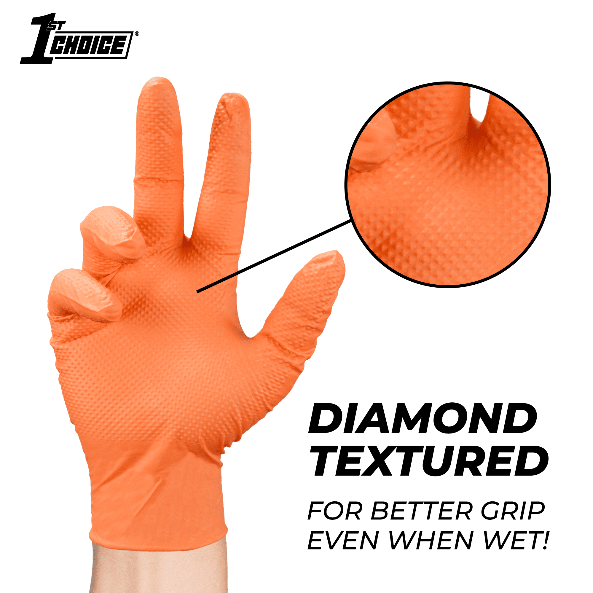 1st Choice Orange Disposable Nitrile Gloves Size Large, 1000 Count, Diamond Grip