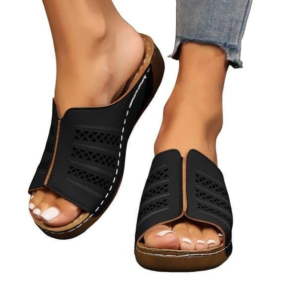 Women's Wedge Slip on Sandals Summer Comfortable Leather Peep Toe Hollow out Mid Heel Slides Walking Slippers