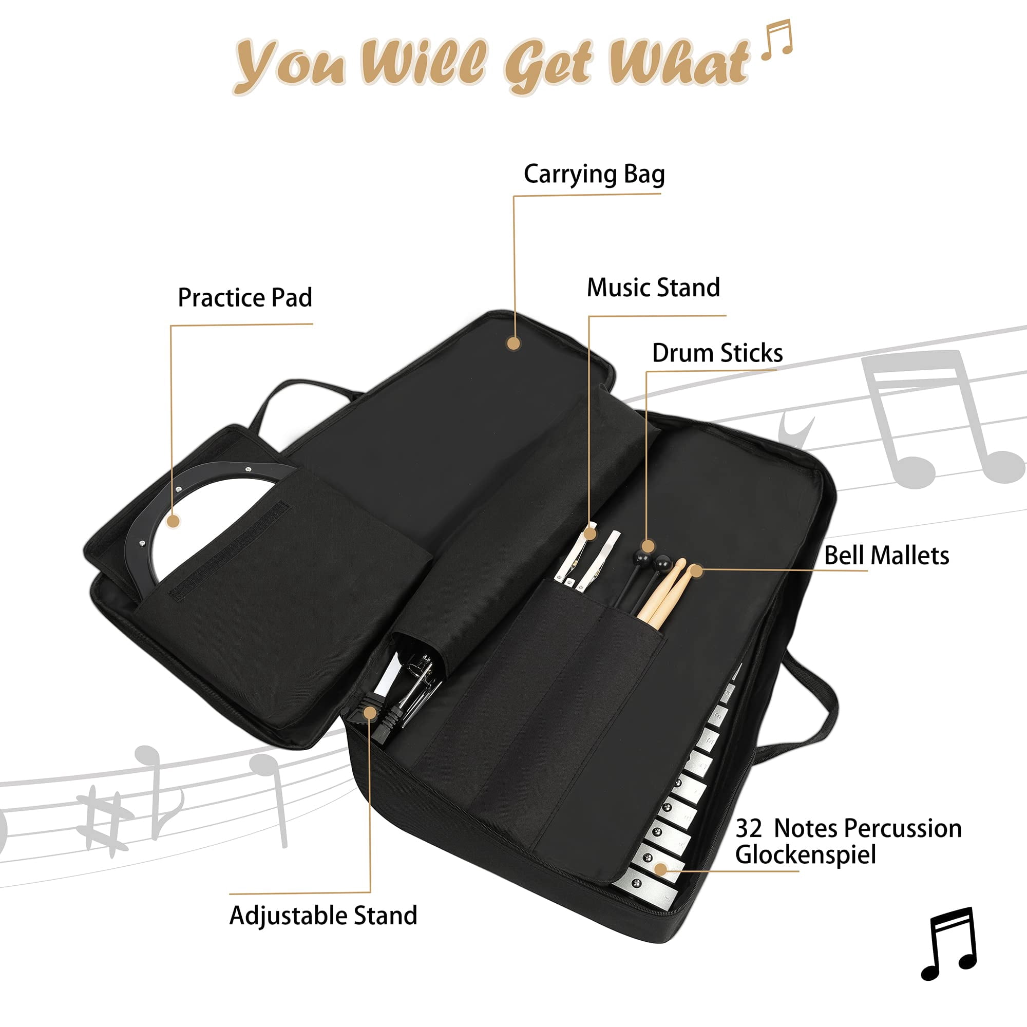 Joywind 32-Note Glockenspiel Xylophone Kit with Adjustable Stand, Mallets, Practice Pad & Carrying Bag