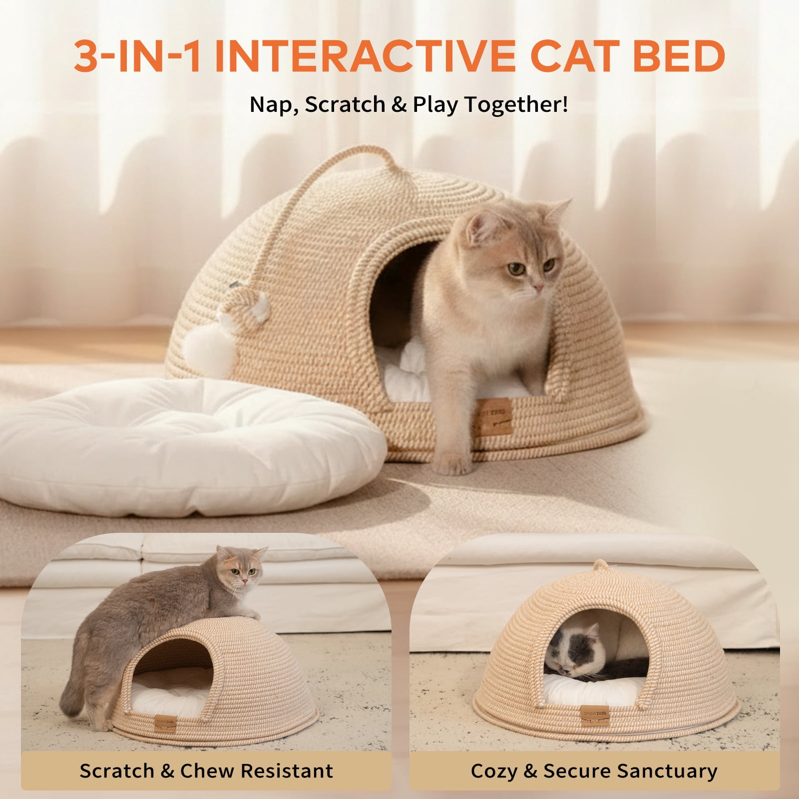 CheerPals Cat Cave Bed with Cushion, 21*21in All-Season Large Cats House Tent with Toy Ball for Indoor