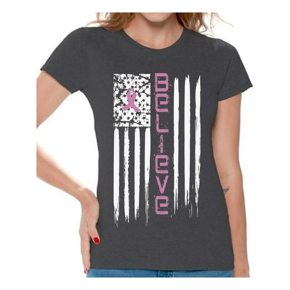 Awkward Styles Believe Tshirt Cancer Shirts Cancer Flag T-Shirt Breast Cancer Awareness Shirts for Women Pink Ribbon Flag Women's Shirt American Cancer Flag T Shirt Cancer Survivor Gifts for Her