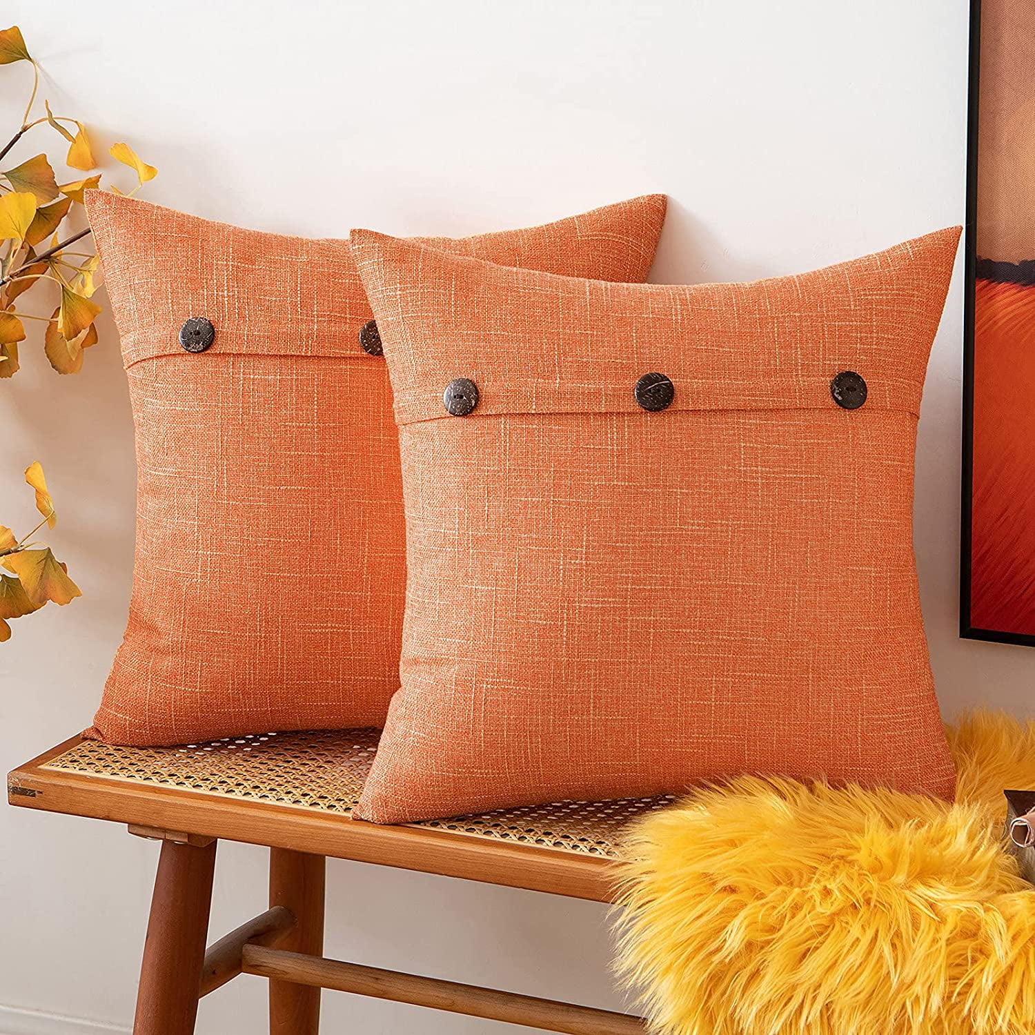 Set of 2 Fall Halloween Linen Throw Pillow Covers Triple Button Burlap Solid Cushion Cover Decorative Vintage Farmhouse Modern Pillowcase for Couch Sofa Bed Car 18 x 18 Inch 45 x 45 cm Orange