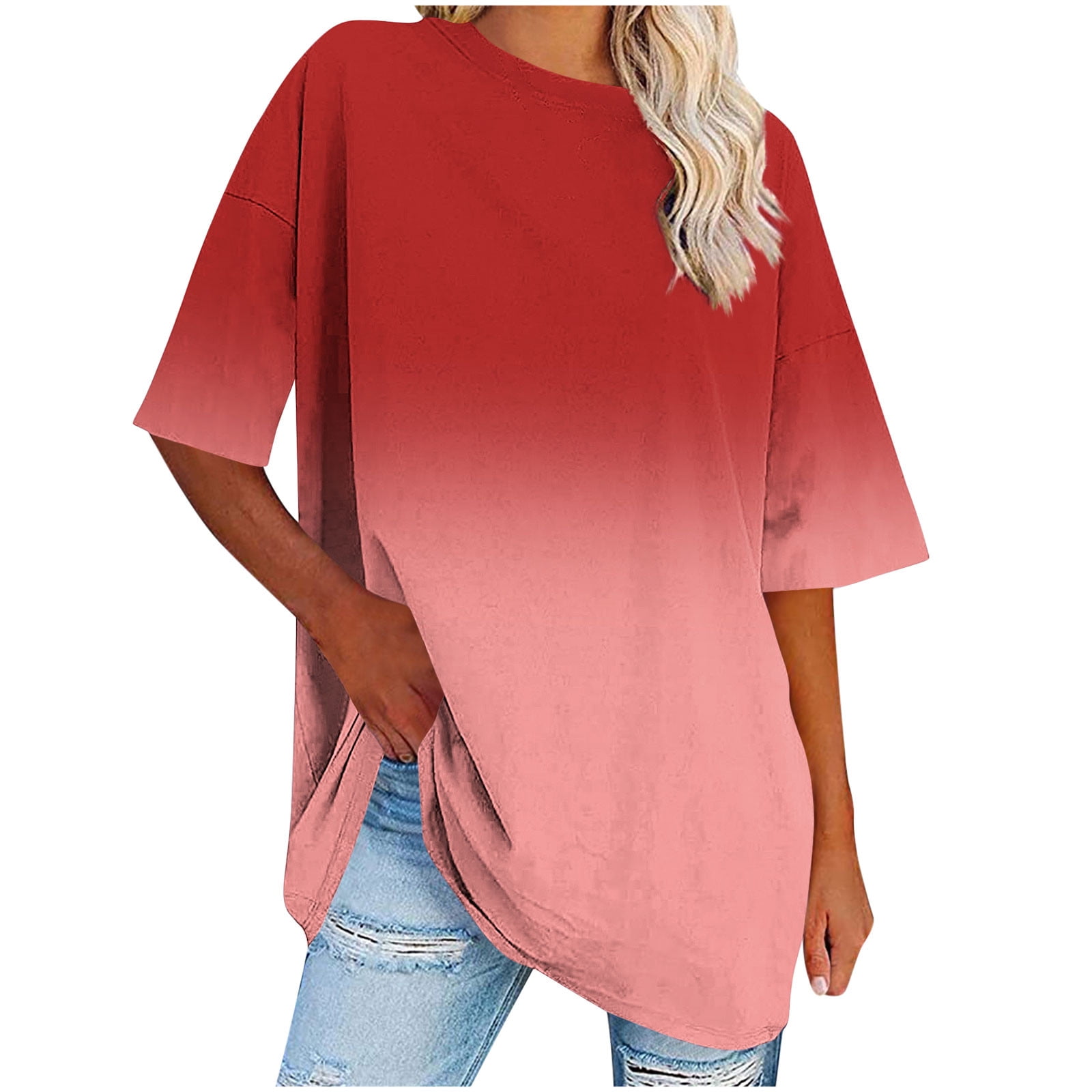 UPPADA Summer Plus Size Shirts Womens Casual Crewneck Tshirt Short Sleeve Gradient Print Shirts Basic Comfy T-Shirt Loose Fit Casual Tops Elegant Daily Wear camisas para mujer Red XXXXXL