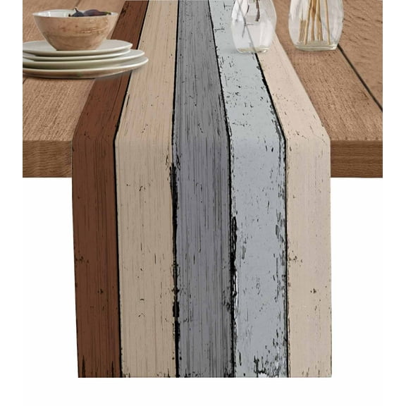 Rustic Brown Wood Short Table Runners 48 Inches, Cotton Linen Fabric Table Runner Dresser Scarf, Ombre Color Gradient Retro Grain Tablerunner for Party/Kitchen/Dinner/Wedding Decor 13''x48''
