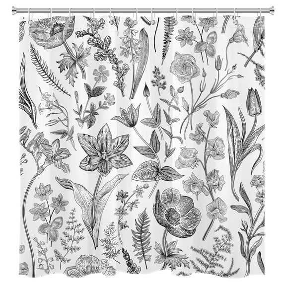 Black and White Wildflower Shower Curtain Vintage Rustic Floral Botanical Plant Leaves Bathroom Shower Curtain Farmhouse Nature Art Shower Curtain Home Decor with 12 Hooks 72x78 Inches