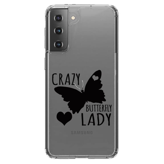 DistinctInk Clear Shockproof Hybrid Case for Galaxy S21 5G (6.2" Screen) - TPU Bumper Acrylic Back Tempered Glass Screen Protector - Crazy Butterfly Lady