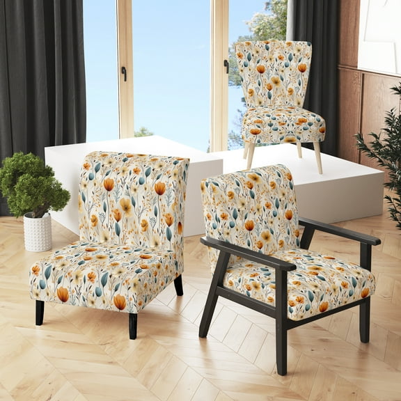 Designart "Forest Autumn Floral Essence III" Beige Floral Upholstered Accent Chair - Cottage Arm Chair For Living Room