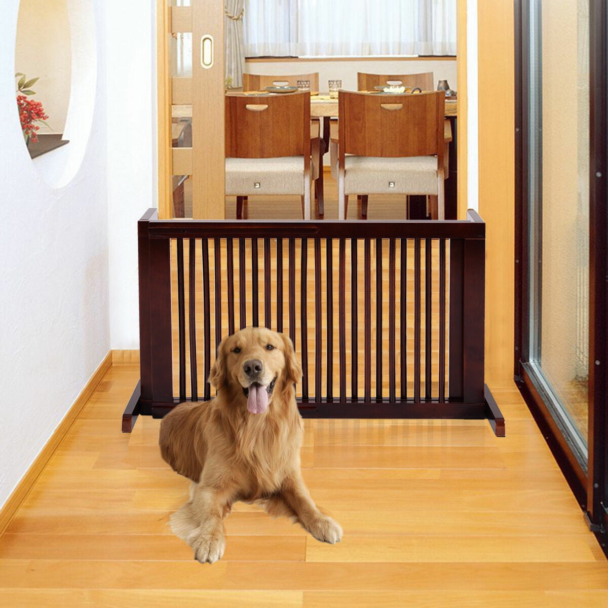 Gymax Folding Adjustable 3 Panel Wood Pet Dog Slide Gate Safety Fence