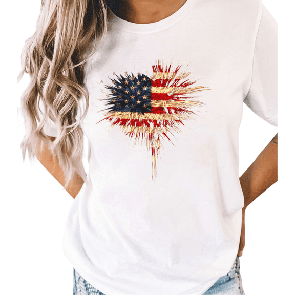 UNISHE Women's Patriotic Fireworks American Flag Heart Graphic Short Sleeve T-Shirt Casual Cotton Crewneck Top
