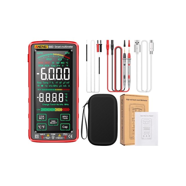ANENG 683 Electrician's Digital Multimeter with Full-Screen Display - High-Precision Auto-Ranging, Anti-Burn Protection & Rechargeable Design, Includes Temperature Probe, Test Leads, Charging Cable,