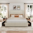 thumbnail image 4 of Queen Size Corduroy Upholstered Platform Bed Frame with Storage Drawers - Wingback Design with Tufted Headboard & Footboard, No Box Spring Needed - Beige, 4 of 8