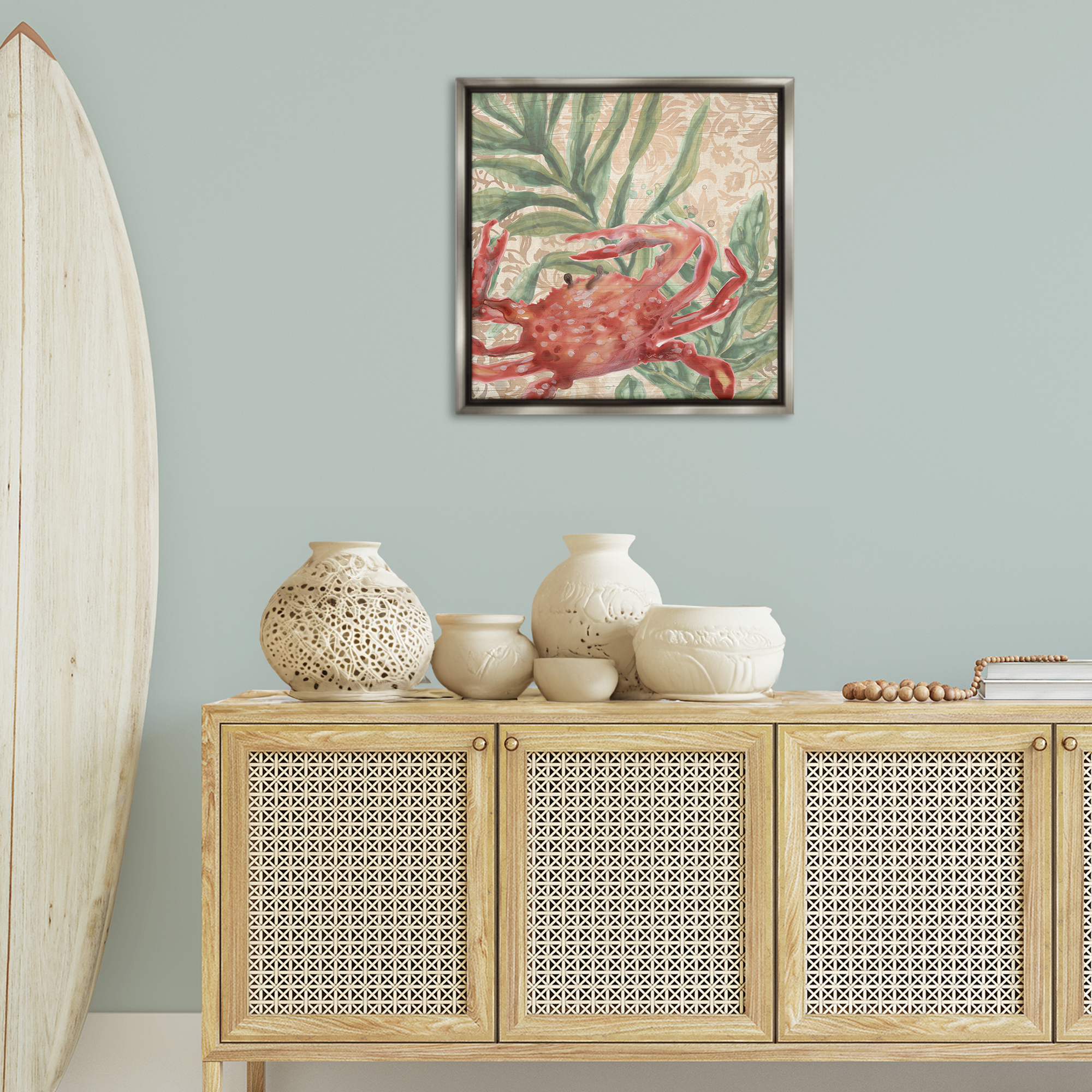 Stupell Industries Crab on Floral Pattern Animals & Insects Painting Gray Floater Framed Canvas Art Print Wall Art, 25 x 25