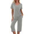 thumbnail image 2 of Women's V-Neck Pajama Set, Short Sleeve Top & Long Pants, Spring Summer Casual Sleepwear & Lounge Suit Gray 3XL, 2 of 6