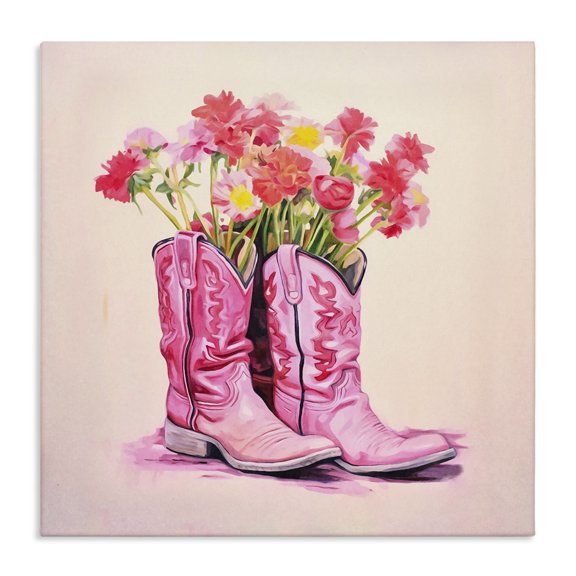Stupell Industries Pink Blossom Boots Botanical & Floral Painting Gallery Wrapped Canvas Art Print Wall Art, 17 x 17
