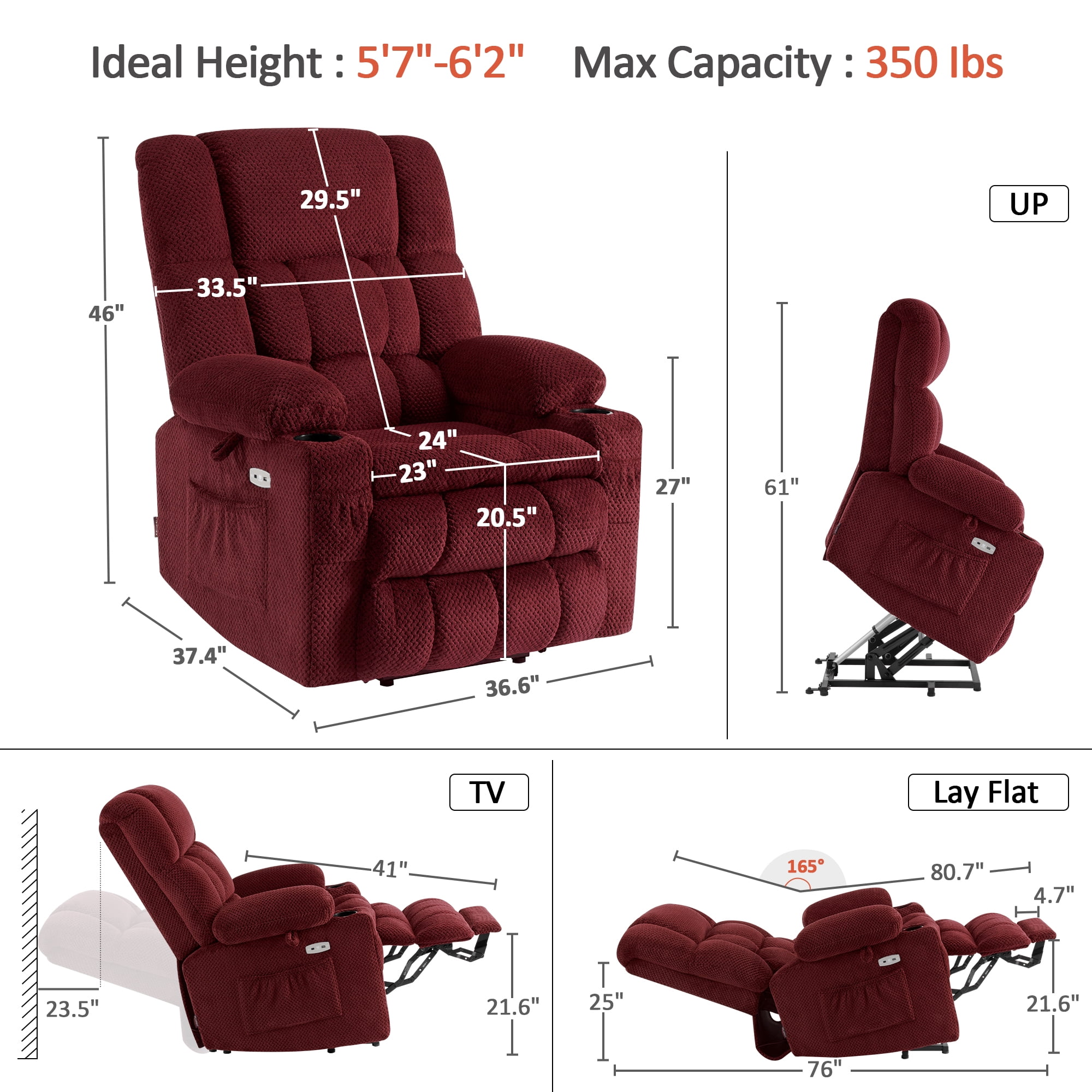 MCombo Large Lay Flat Dual Motor Power Lift Recliner for Big and Tall Elderly, Fabric(Burgundy)
