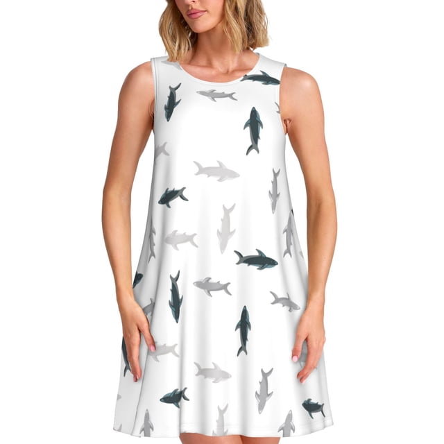 Easygdp Cute Shark para Vestido Transpirable de Mujer, Vestido Suelto de Manga Corta con Pliegues y Bolsillos para el Verano