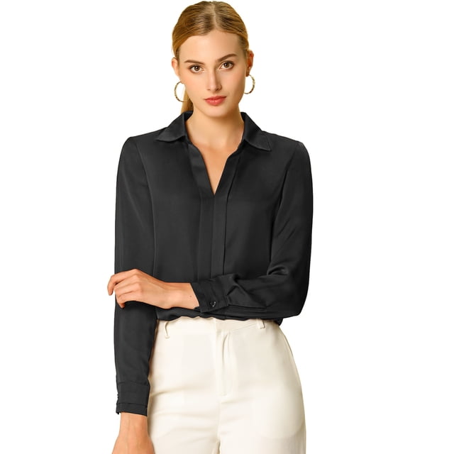 Camisa de trabajo de manga larga con blusa elegante con cuello en V de oficina para mujer Negro M INSPIRE CHIC Camisa