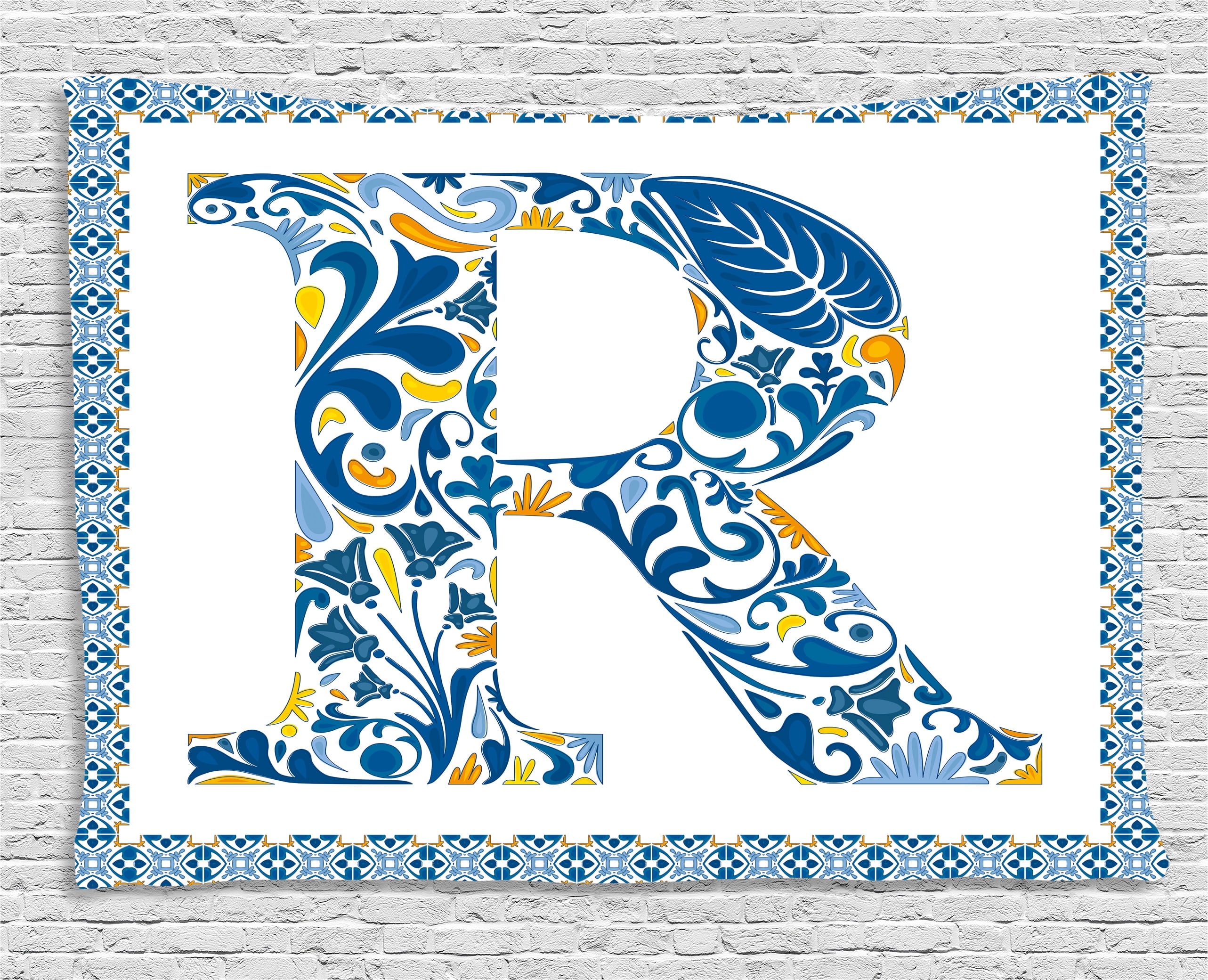 Letter R Tapestry, Curly Blossoms Artistic Motifs Letter R Vintage Traditional Tiles Graphic 