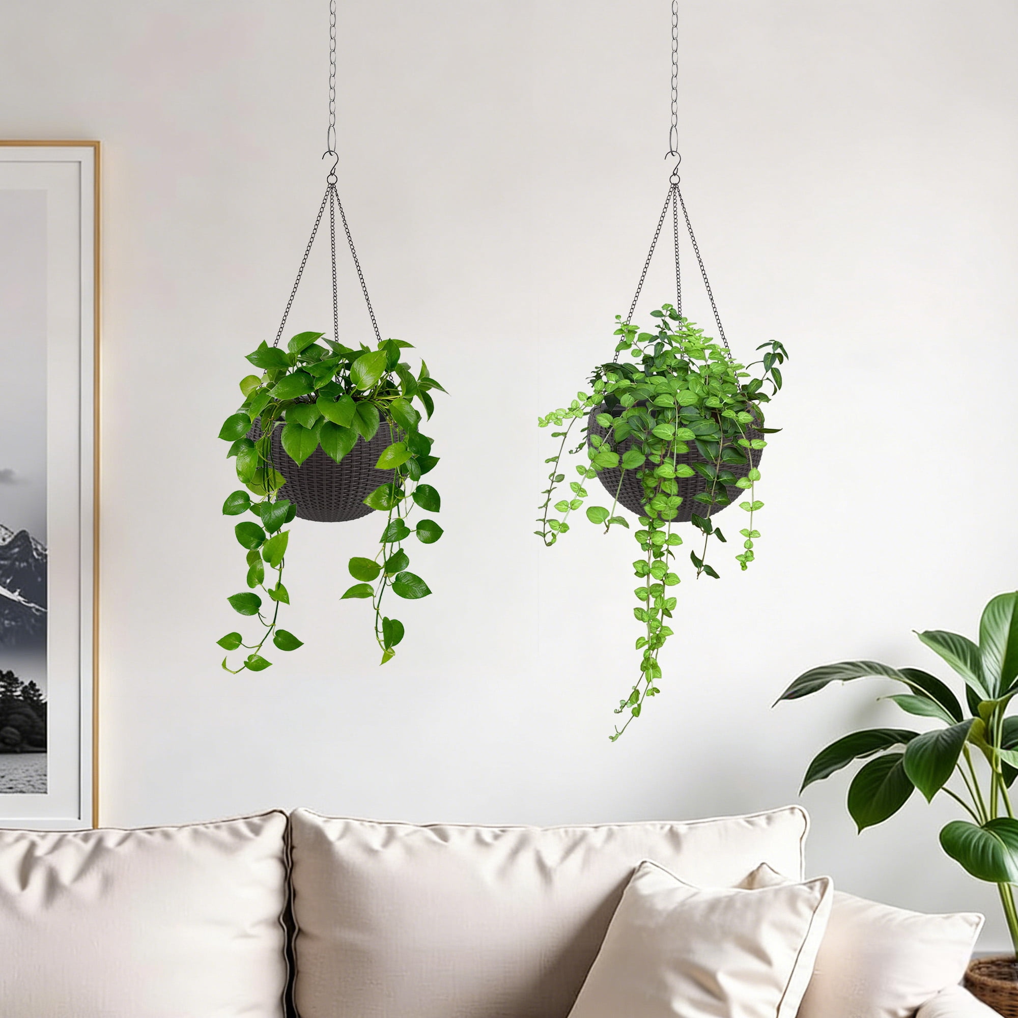 Vigo huseeo 2 Pack Large Self-watering Hanging Planters for Indoor & Outdoor Plants , Resin Rattan Pot for Home, Office and Garden, Brown