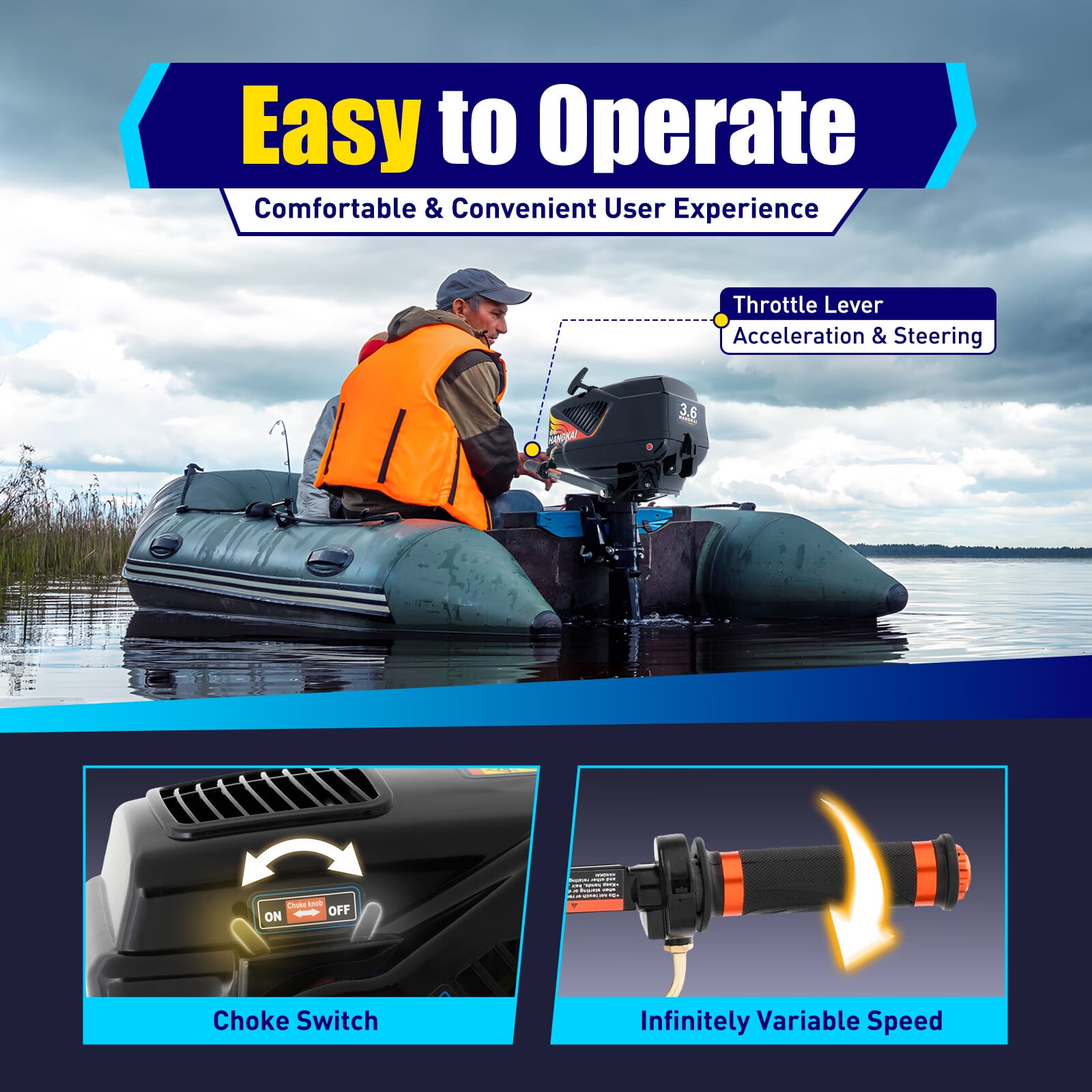 HANGKAI 55CC 2 Stroke 3.6HP Outboard Motor Fishing Boat Engine Water Cooling Air Cooling CDI System Outboard Boat Motor Short Shaft 2600W Boat Motor