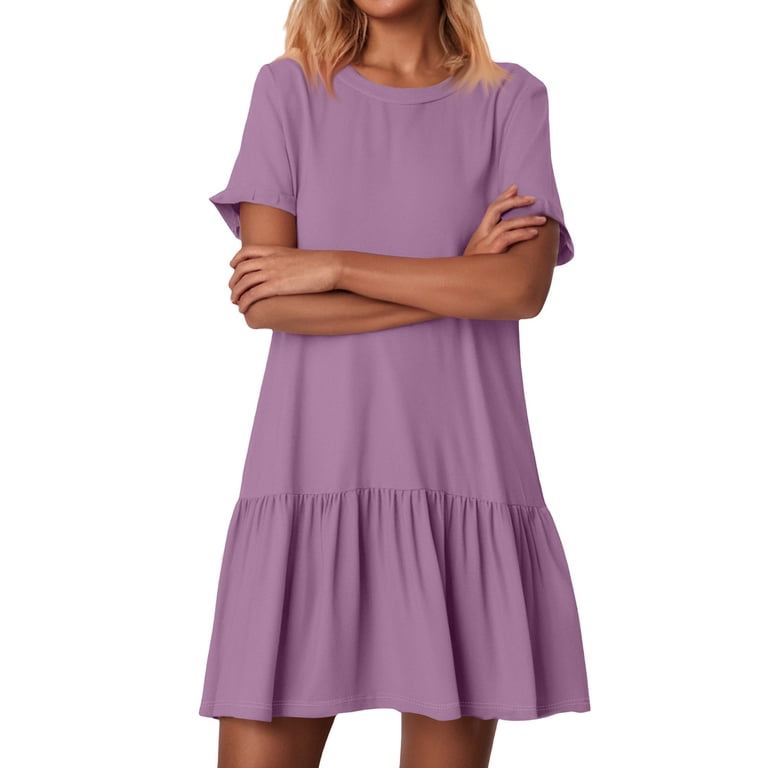 Mohiass Tshirt Dress Women Summer Short Sleeve Casual Dresses Drop Waist  Ruffle Hem Babydoll Dress Cute Crewneck Mini Dresses Purple L - Walmart.com