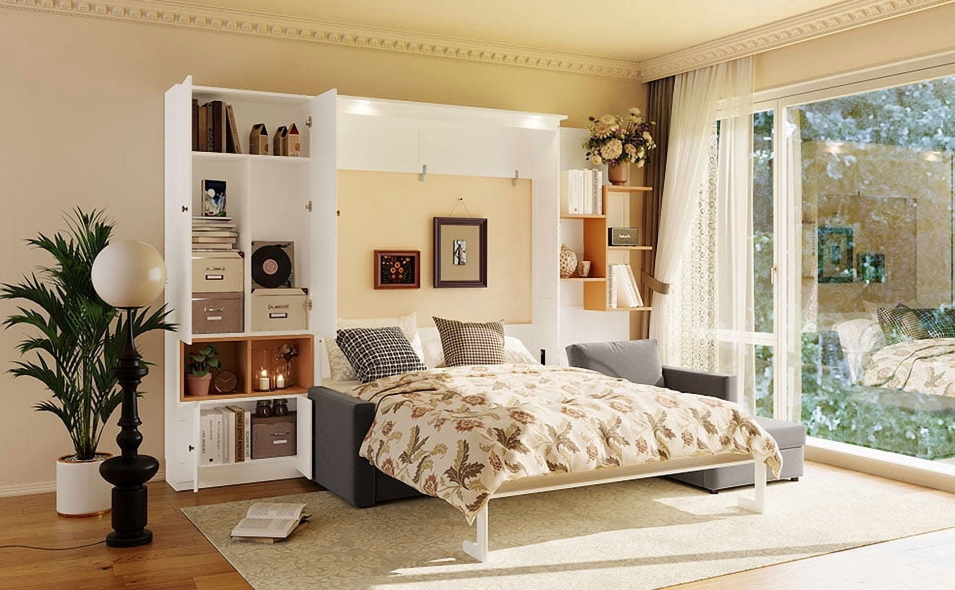Mintazer Queen Size Murphy Bed with L-Shaped Sofa & Storage, Modern Folding Wall Bed with Lights & Cabinets for Home Office, White & Gray