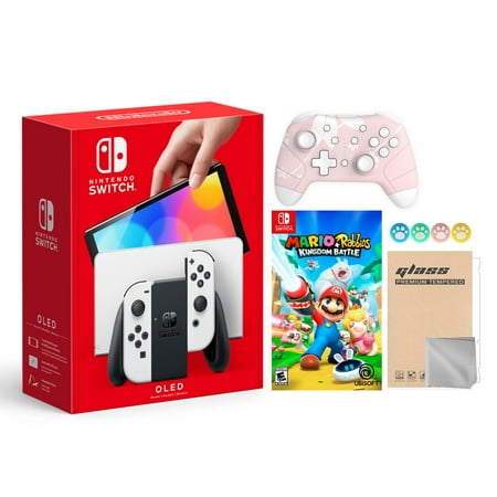 2021 New Nintendo Switch OLED Model White Joy Con 64GB Console Improved HD Screen & LAN-Port Dock with Mario Rabbids Kingdom Battle And Mytrix Wireless Controller and Accessories