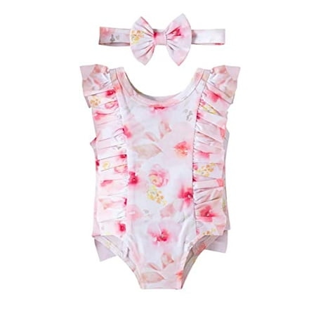 

stylesilove Baby Toddler Girls Watercolor Floral Print Ruffled One-Piece Swimsuit & Headband Pink Bathing Suit Beach Swimwear (1-2 Years)