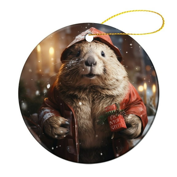 Ornament Hello Winter Holiday Two Sides Printed Christmas Ornaments Beaver Christmas for Boys Girls Round Ceramic Christmas Decoration Gifts Keepsake for Family