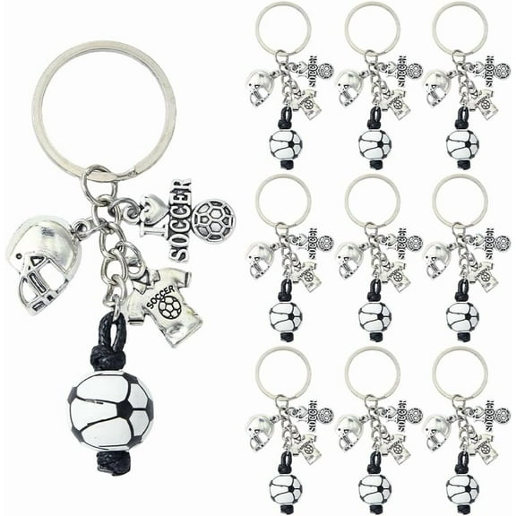 1 Box 20Pcs Soccer Key Chain Bulk Sports Themed Keychains Set Silver Wooden Football Beads Metal Jerseys Team Rewards Keyring