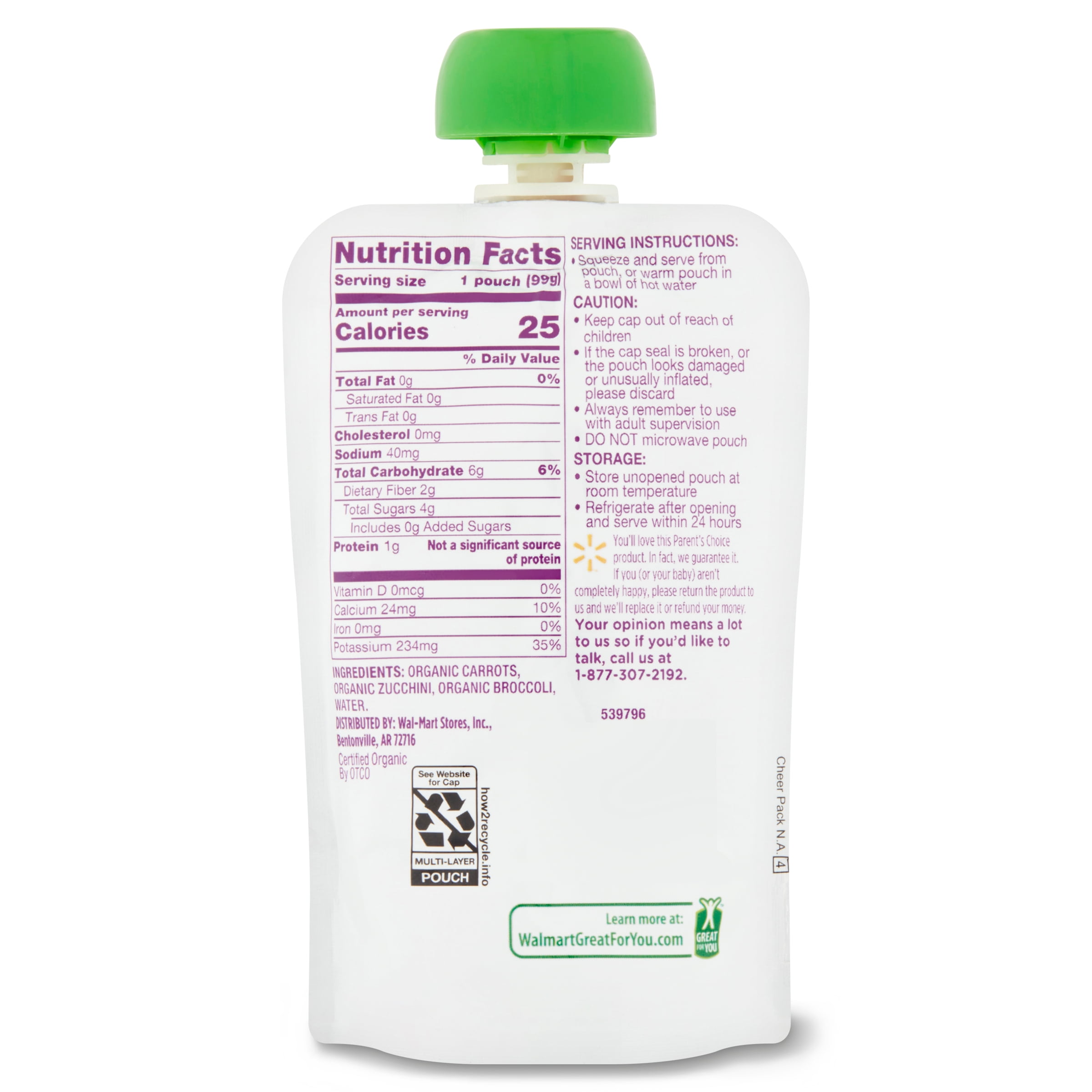 Parent's Choice Organic Stage 2 Baby Food, Carrot Zucchini Broccoli, 3.5 oz Pouch