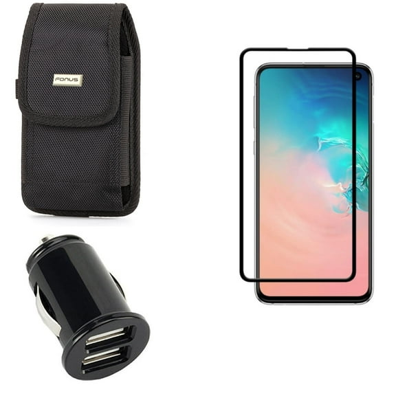 Galaxy S10e Car Charger w Case Belt Clip w Screen Protector - 3.1A 2-Port USB Dc Socket, Swivel Holster Rugged, Tempered Glass 5D Curved Edge for Samsung Galaxy S10e Phone