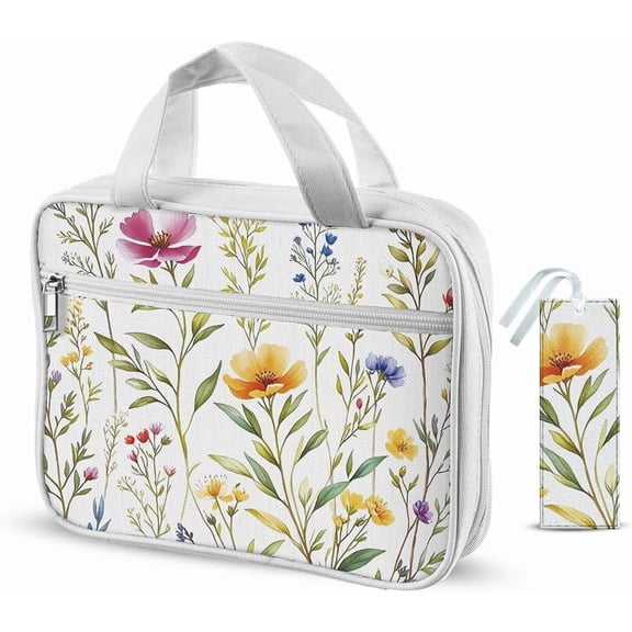 1pc Bible Cover with Handles 27x20x5.3cm Large Zippered Carrying Case Wildflowers Bible Protective with Pockets and Bookmarks