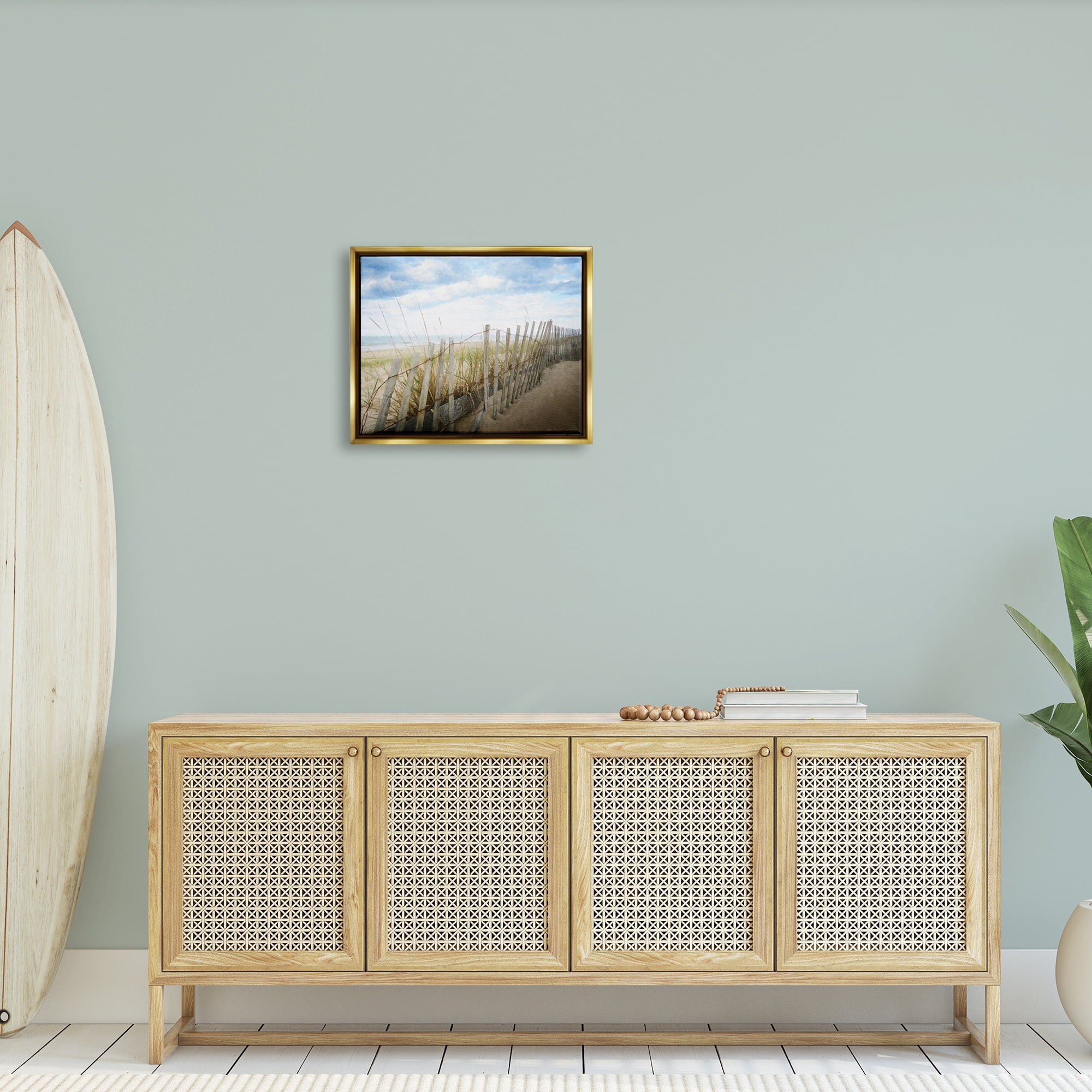 Stupell Industries Seaside Boardwalk Ocean Sand Fence Beach Grass Graphic Art Metallic Gold Floating Framed Canvas Print Wall Art, Design by Graffitee Studios