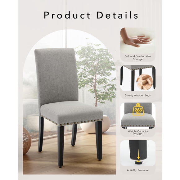 Modern Dining Chairs Set of 4–Ergonomic Curved Back,Grey Linen,Nailhead Trim,Durable Wood Legs,265lbs Capacity,Easy-to-Clean,Quick Assembly–Perfect for Dining Room,Kitchen,Home Office