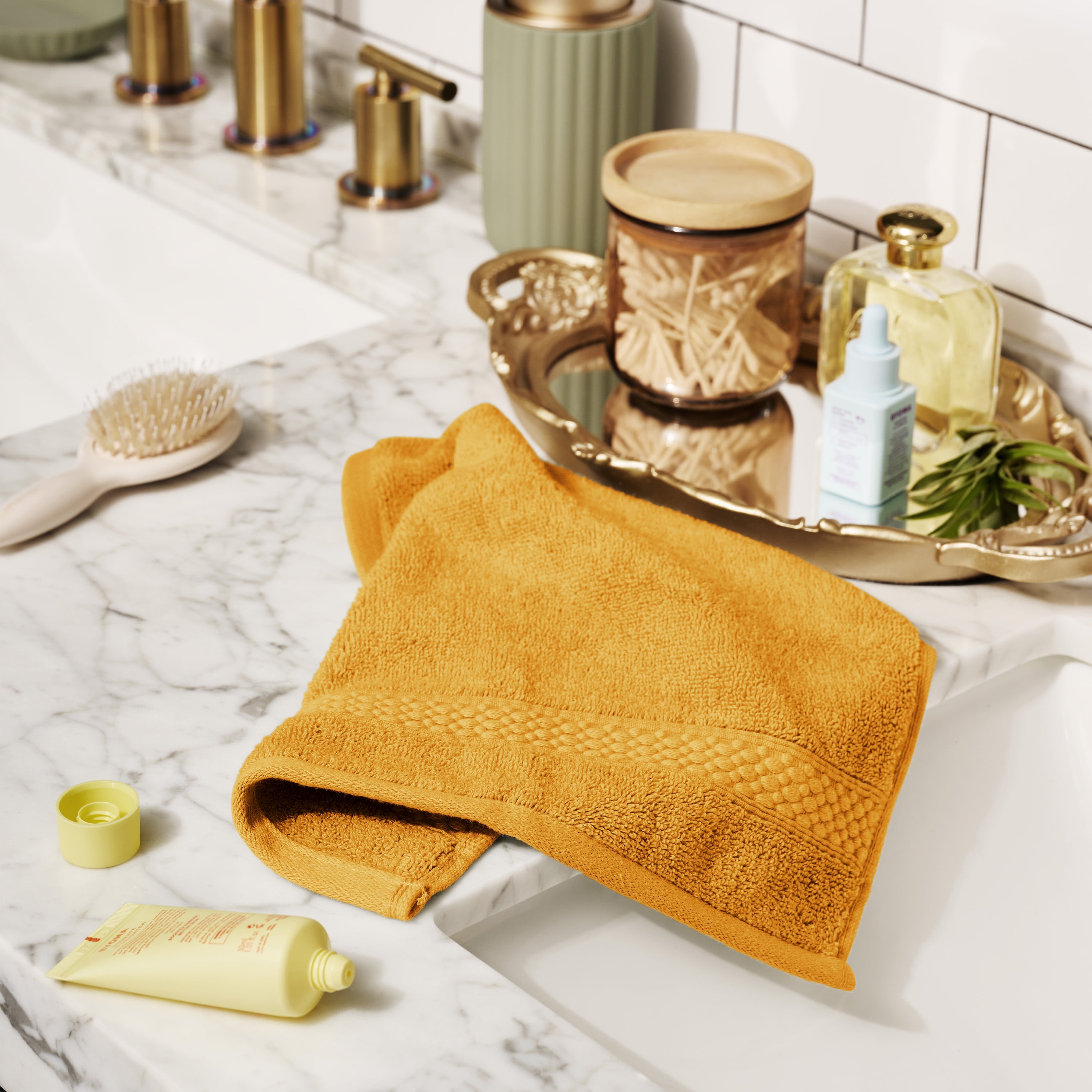Beautiful by Drew Barrymore Dobby Washcloth, Soft 100% Cotton, Amber Yellow