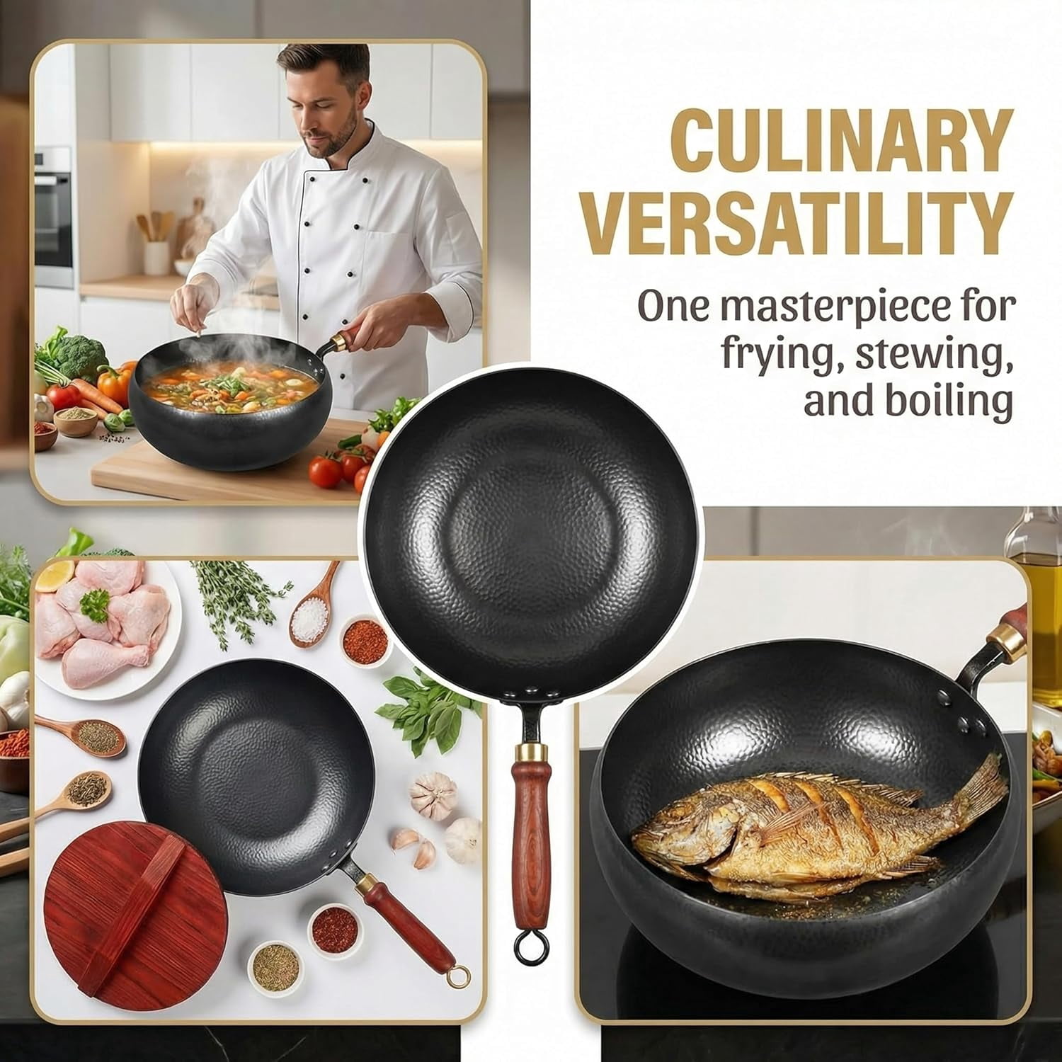 Japanese Cast Iron Wok with Lid, Uncoated Carbon Steel Stir Fry Pan, Flat Bottom Nonstick Iron Pot for Induction, Electric and Gas Stoves
