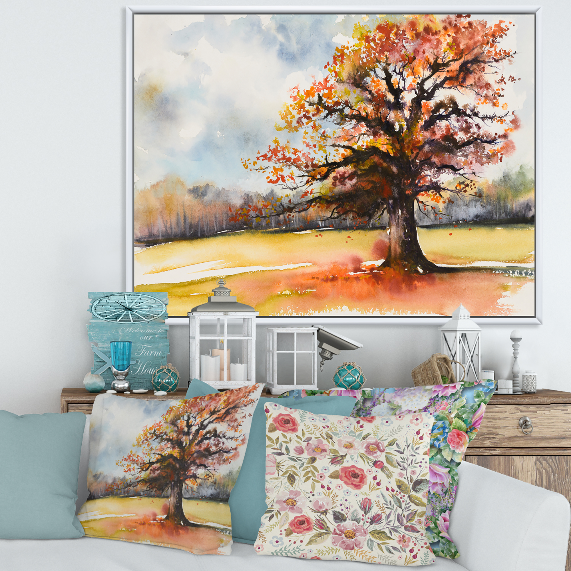 Designart 'Lone Oak Tree In The Fields With Autum Leaves' Traditional Framed Canvas Wall Art Print
