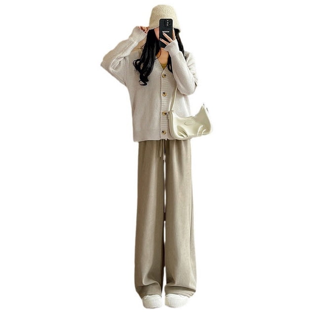 Pantalones anchos de chenilla para mujer, pantalones de otoño con forro polar, pantalones casuales holgados y adelgazantes, pantalones de fregona de cintura alta para mujer