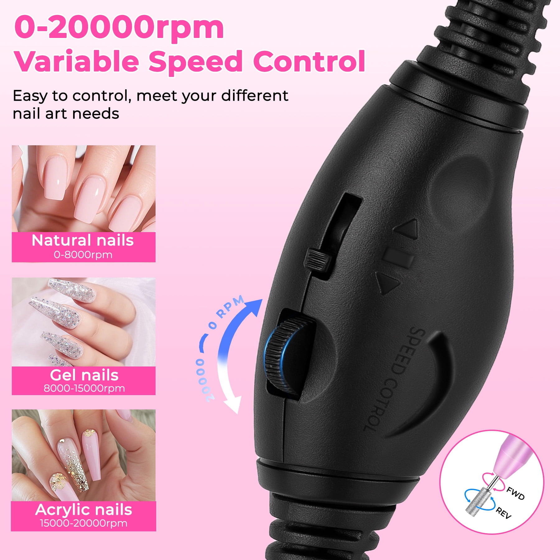 Portable Electric Nail Drill, Professional Nail File Kit for Acrylic, Gel Nails, Manicure Pedicure with Nail Drill Bits Sanding Bands, Rose Gold