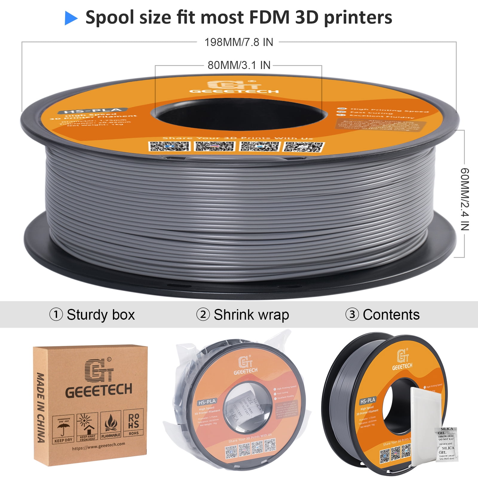 Geeetech 1.75mm PLA 3D Printer Filament, 10kg Spool (22lbs), Dimensional Accuracy +/- 0.03mm,Grey