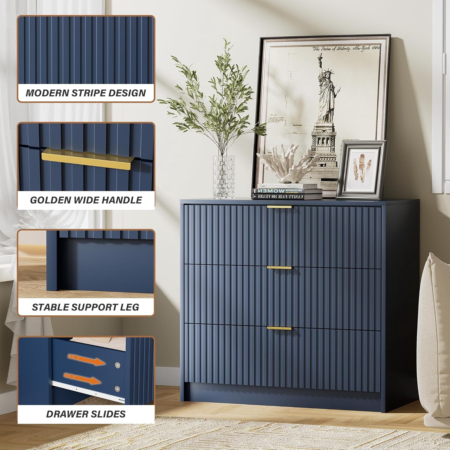 FURNIWAY 3 Drawer Fluted Dresser, 32 Inch Wide Nightstand with Large Drawer, 3 Drawer End Table for Bedroom, Living Rooms, Offices and Entryways,Blue