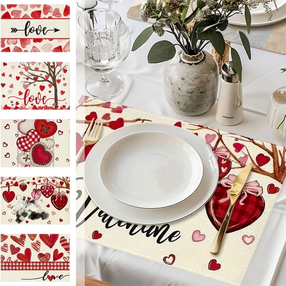 Nkmbld Dining Placemats Valentine's Day Table Mat Linen Printed Insulation Placemats for Kitchen Dining Party Wedding Anniversary Decorations