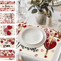 Yeciiwht Valentines Day Placemats Linen Solid Color Letter Print Place Mats 18x12 Inches, Holiday Party Insulated Placemats Heart Print Table Mats for Valentines's Day Decorations