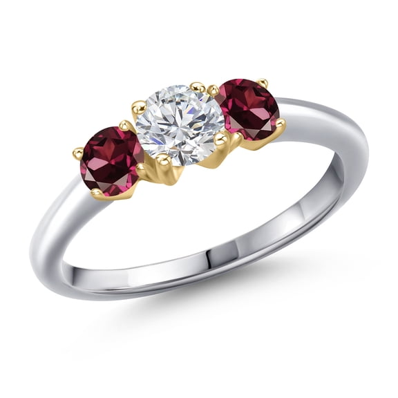 Gem Stone King 925 Silver and 10K Yellow Gold Lab Grown Diamond and Red Rhodolite Garnet Engagement Ring for Women | 1.24 Cttw | Round 5MM | Gemstone April Birthstone | Size 6