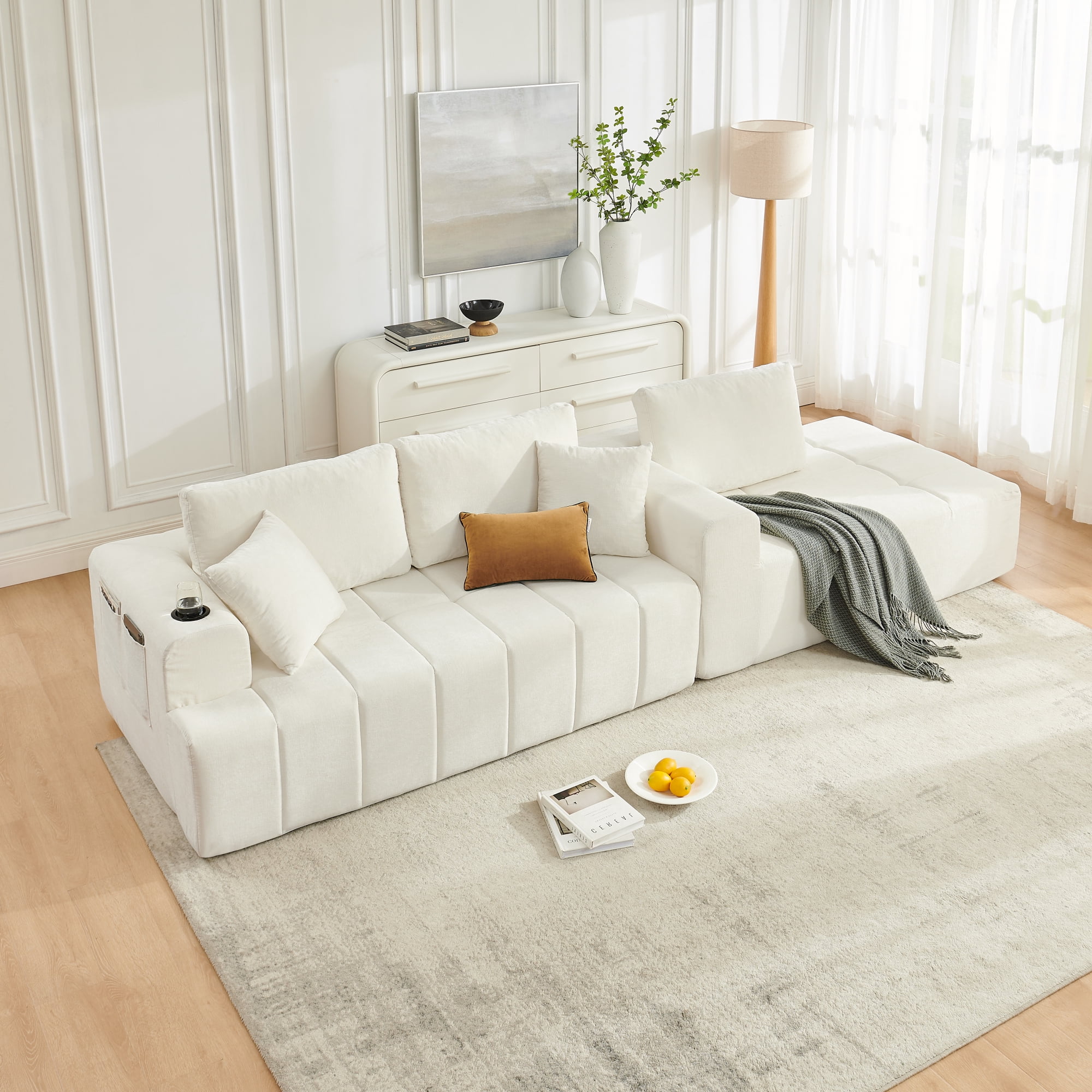 Leumius 108" L-Shaped Sectional Sofa,Chenille Boneless Couch, Modern 3-Seat Upholstered Cloud Couch Sectional with Deep Seat and Cup Holders for Living Room,No Assembly Required,Beige