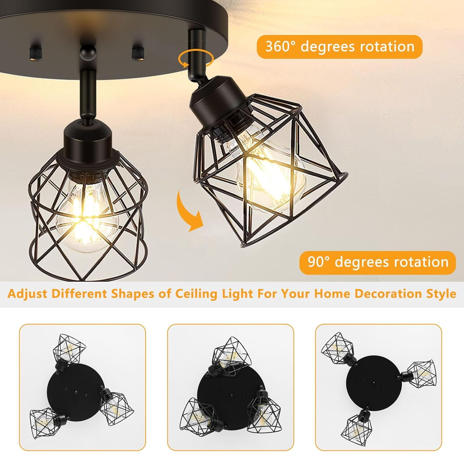 Kitchen Light Fixtures Ceiling Mount, Black Ceiling Light Fixtures 3-Light Adjustable Semi Flush Mount Ceiling Light, Multi-Directional Ceiling Lights for Kitchen Hallway Dining Room(E26 Base)