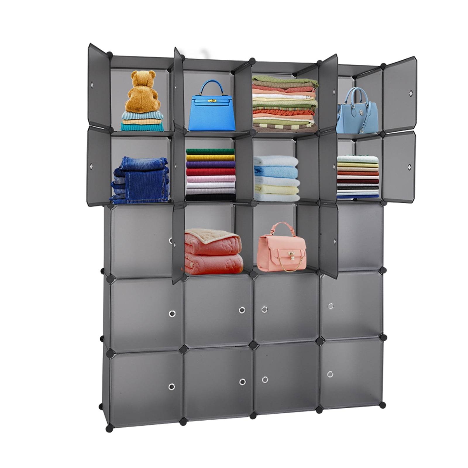20 Cube Organizer Stackable Plastic Cube Storage Shelves Modular Closet Cabinet with Hanging Rod. Gray